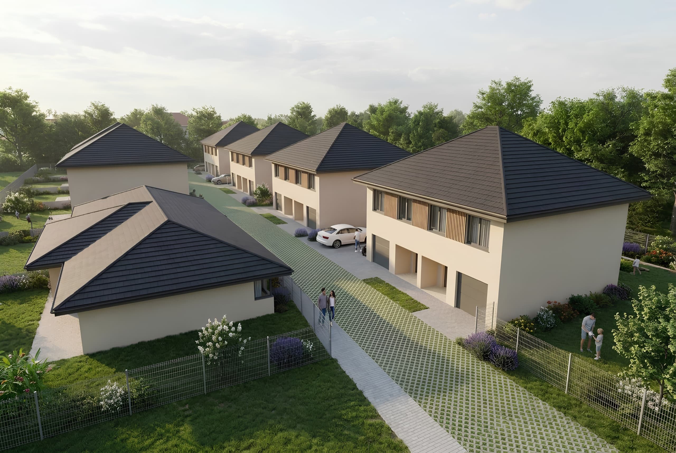 Osiedle Lawendowe w Osielsku z lotu ptaka — nowe domy w zabudowie bliźniaczej wśród zieleni