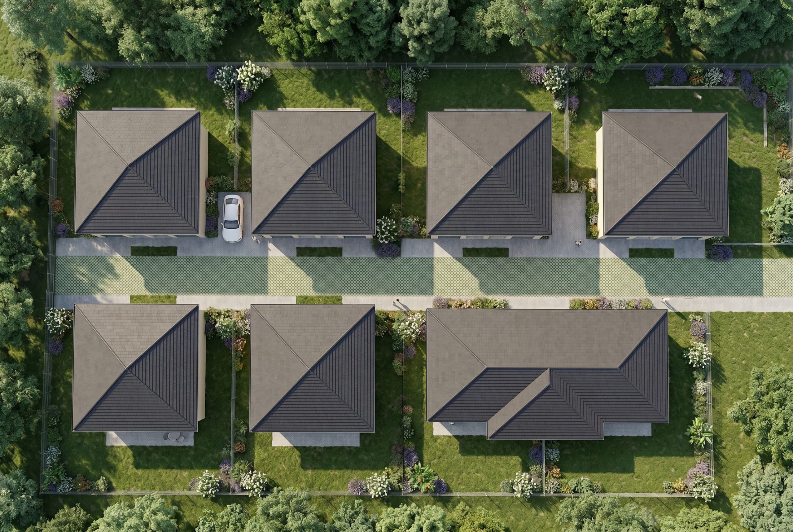 Plan Osiedla Lawendowego z góry — układ siedmiu budynków bliźniaczych, dojazdów i ogrodzonych działek od 243 do 685 m²